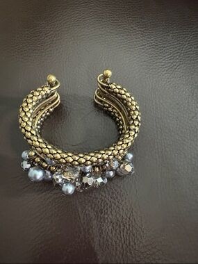 Gold-Tone Beaded Cuff Bracelet with Gray Gem Dangles